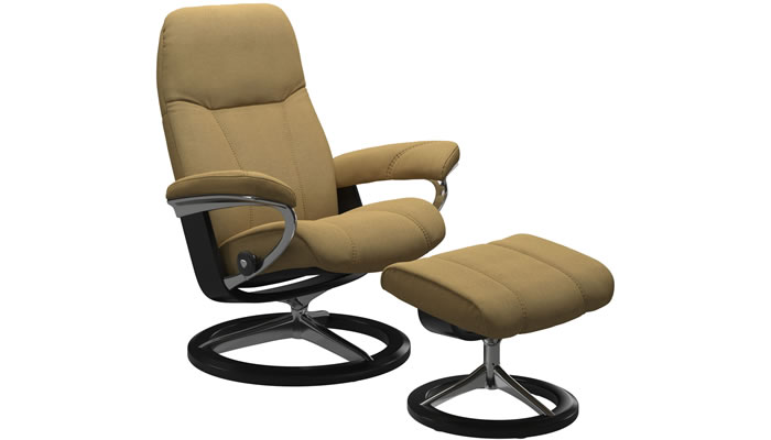 Stressless Consul Cross Recliner and Stool in Yoredale Mustard Fabric with Polished Base